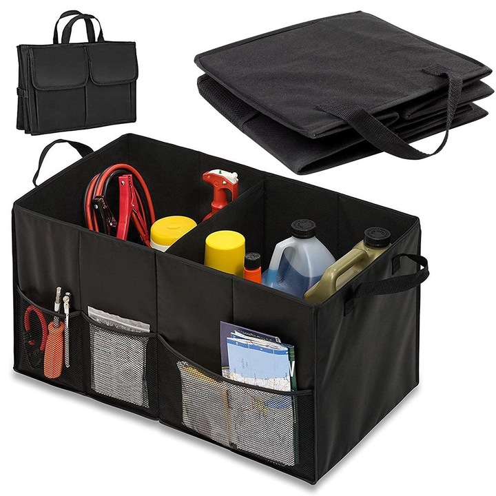 Сгъваем органайзер за багажник, 8 отделения, с дръжки, издръжлив, просторен, черен, 53x38x25,5 см