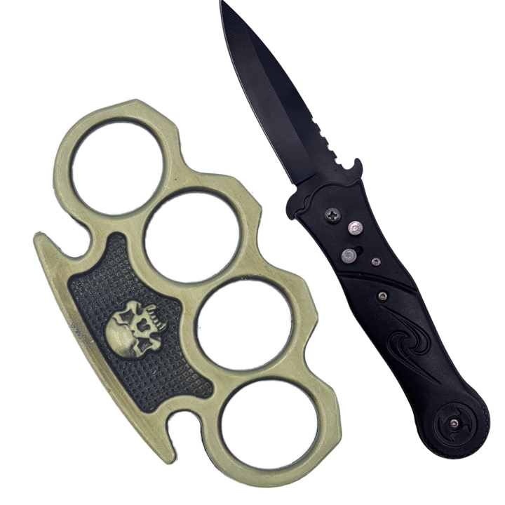 Kit Autoaparare Tactic, Briceag Stealth Deschidere Automata 20 cm, Pumnal Tip Box Maner Cap de Mort, Dalimag