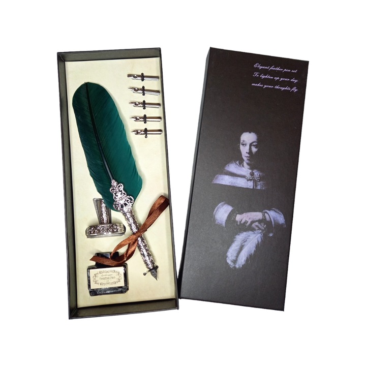 Set stilou caligrafie cu pana mare verde, calimara, suport si 5 penite