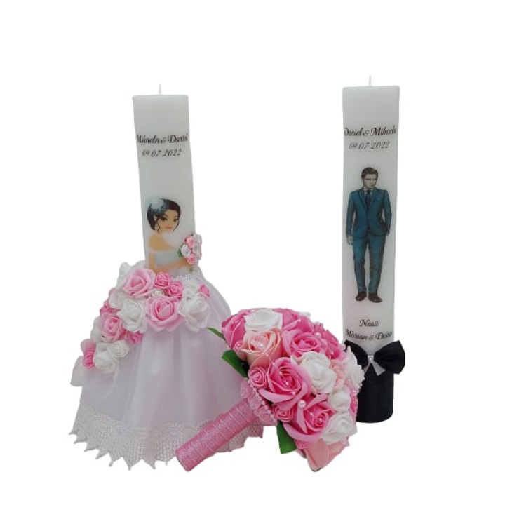Set nunta personalizat, 2 lumanari ornate, 1 buchet mireasa roz, 40x6,5cm