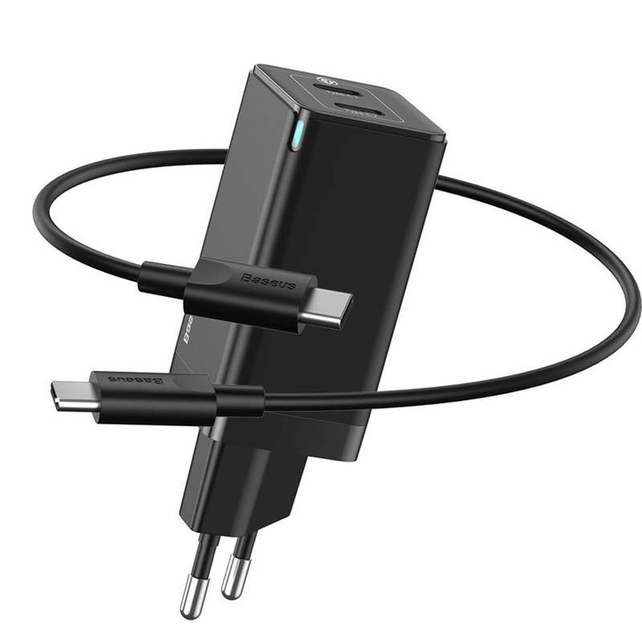 Baseus GaN2 Gyorstöltő C + C 45W EU (Mini kábel Type-C Type-C 60W (20V / 3A) 1m) Fekete