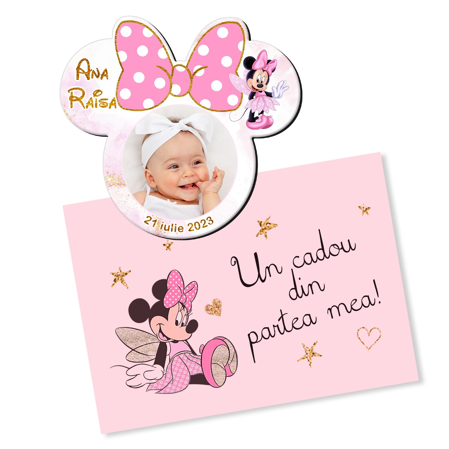 Set 10 bucati, Marturii botez, Magneti Minnie Mouse, roz cu auriu, cu ...