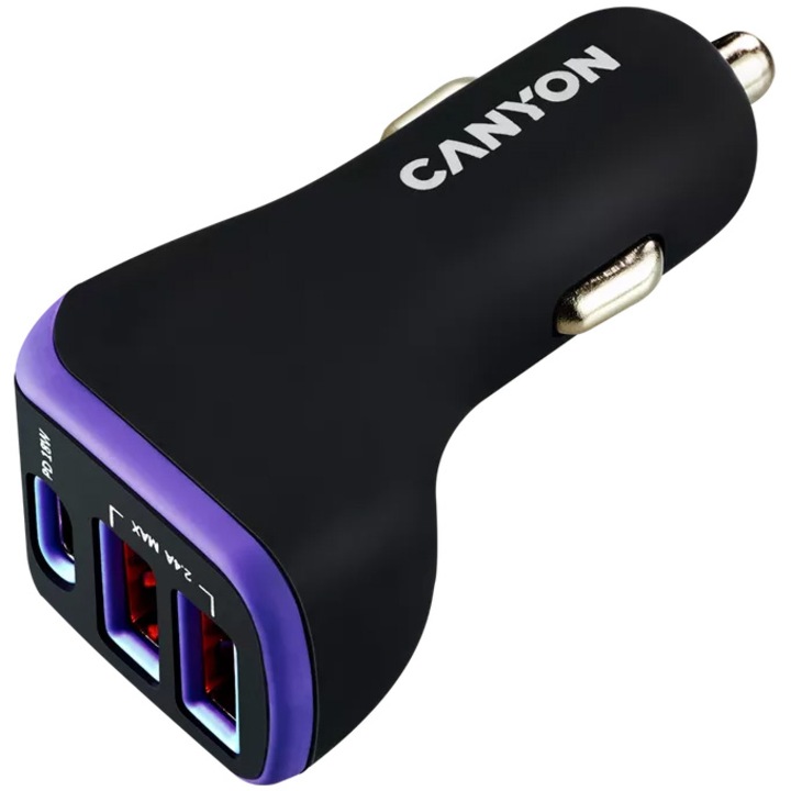 Зарядно за кола Canyon, C-08 PD 18W USB-C 2USB-A, Черен/Лилав