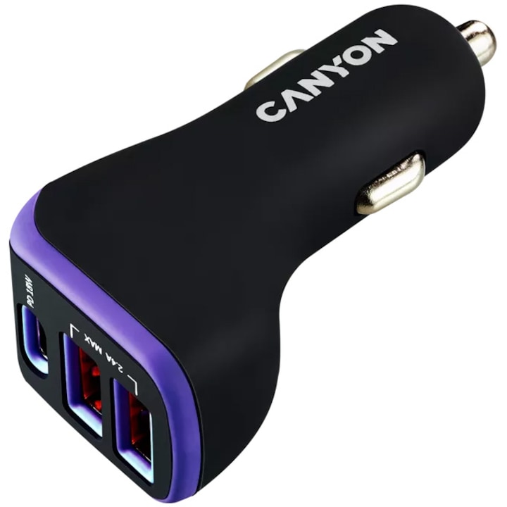 Зарядно за кола Canyon, C-08 PD 18W USB-C 2USB-A, Черен/Лилав - eMAG.bg