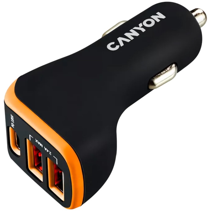 Зарядно за кола Canyon, C-08 PD 18W USB-C 2USB-A, Черен/Оранжев