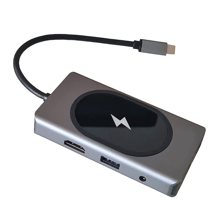 USB Type-C хъб адаптер QHU666 SIKS съвместим с Macbook, Windows 7 в 1, RJ45, USB HDMI 4K, VGA, HDTV PD, Micro SD, TF, слот за карта, USB 3.0, безжично зареждане