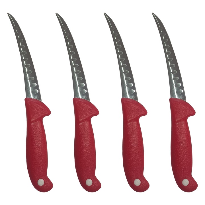 Set 4 cutite profesionale macelarie dezosat si degresat cu lama alveole anti-lipire, coshop®, otel inoxidabil, rosu