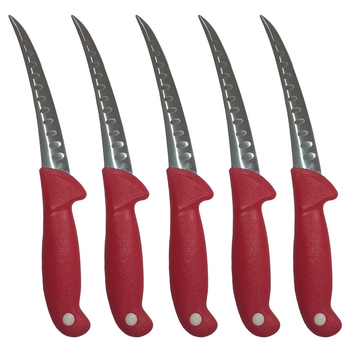 Set 5 cutite profesionale macelarie dezosat si degresat cu lama alveole anti-lipire, coshop®, otel inoxidabil, rosu