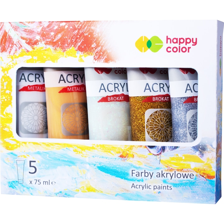 5x akril festék készlet, HappyColor, Glitter, 75 ml, Multicolor