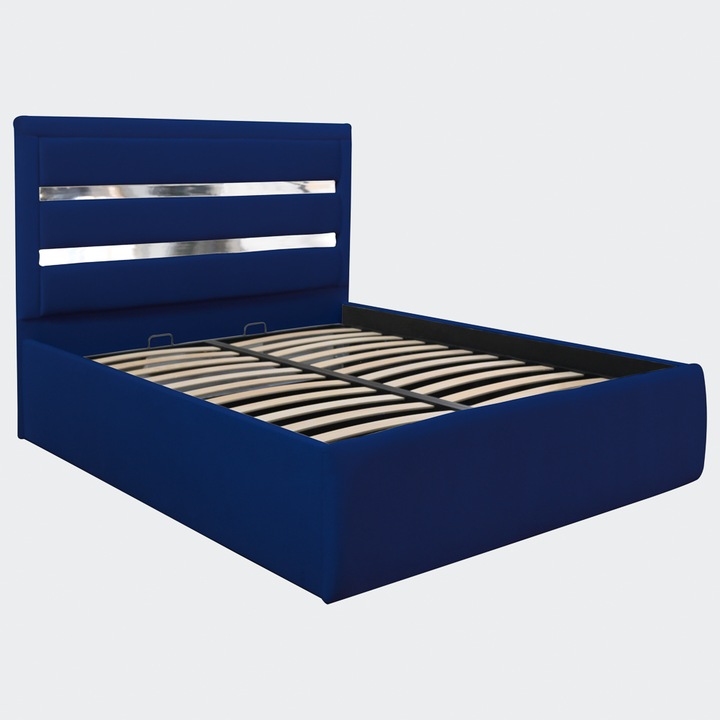 Pat dublu tapitat Bergamo, 160/200 cm, bleumarin cu benzi argintii, cu somiera metalica rabatabila si spatiu de depozitare