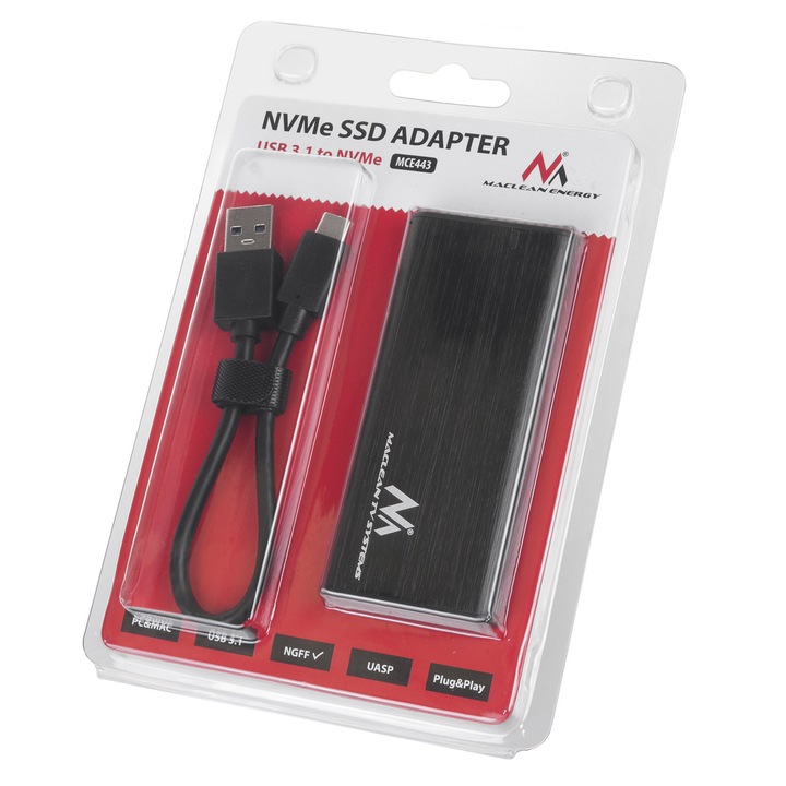 Калъф Maclean, За SSD M.2 NVMe, USB 3.1, Черен