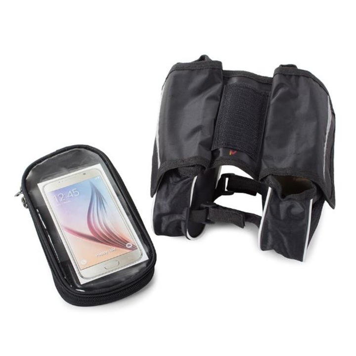 Geanta de transport cu 3 compartimente si 2 buzunare mici, Rezistenta la Apa, Montare pe cadrul bicicletei, Velcro, Negru