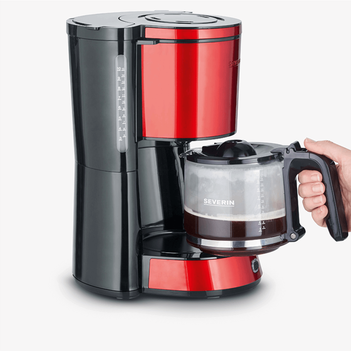 Cafetiera Severin, S4817, capacitate 1.25 litri, carafa din sticla, mod stand-by, filtru detasabil si lavabil, buton on/off, rezervor de apa gradat, material otel inoxidabil, rosu