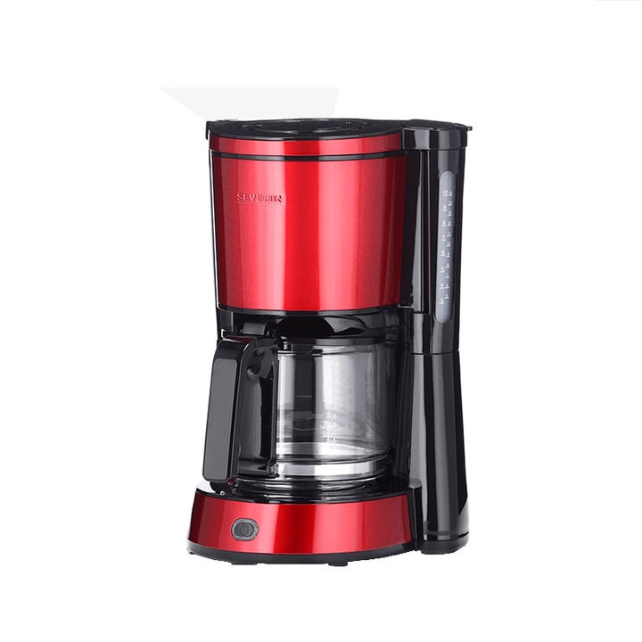Кафемашина Severin, S4817, капацитет 1,25 литра, стъклена гарафа, режим на готовност, подвижен и миещ се филтър, бутон за включване/изключване, градуиран резервоар за вода, материал от неръждаема стомана, червен
