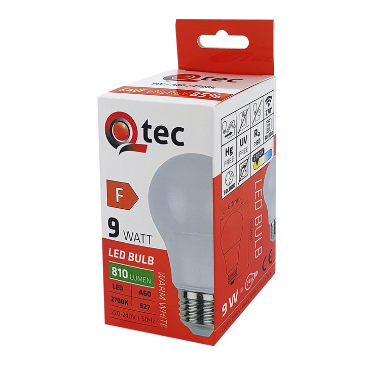 Qtec 9W A60 E27 2700K LED égő