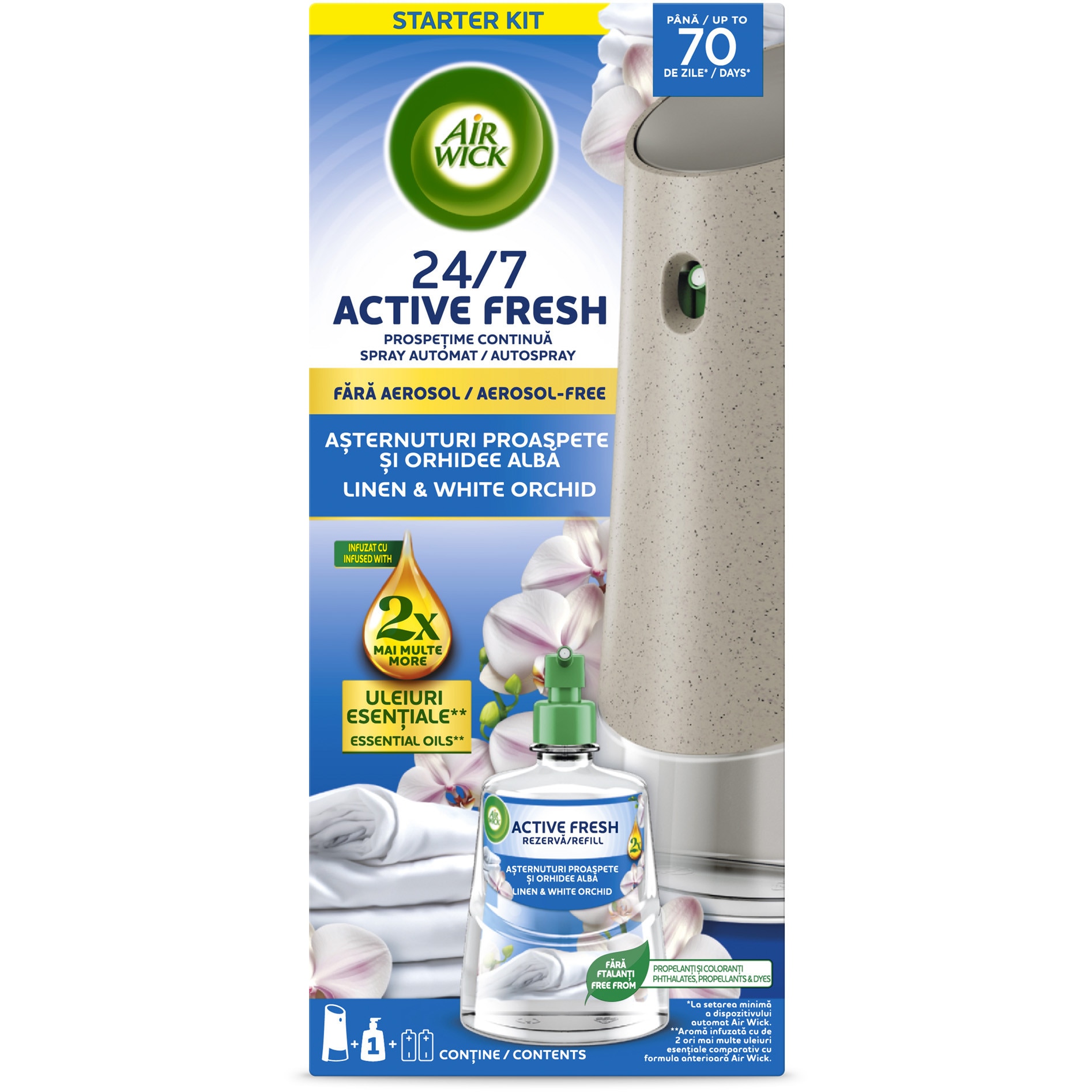 Odorizant de camera kit spray automat fara aerosoli Air Wick, Bumbac Proaspat, 228ml