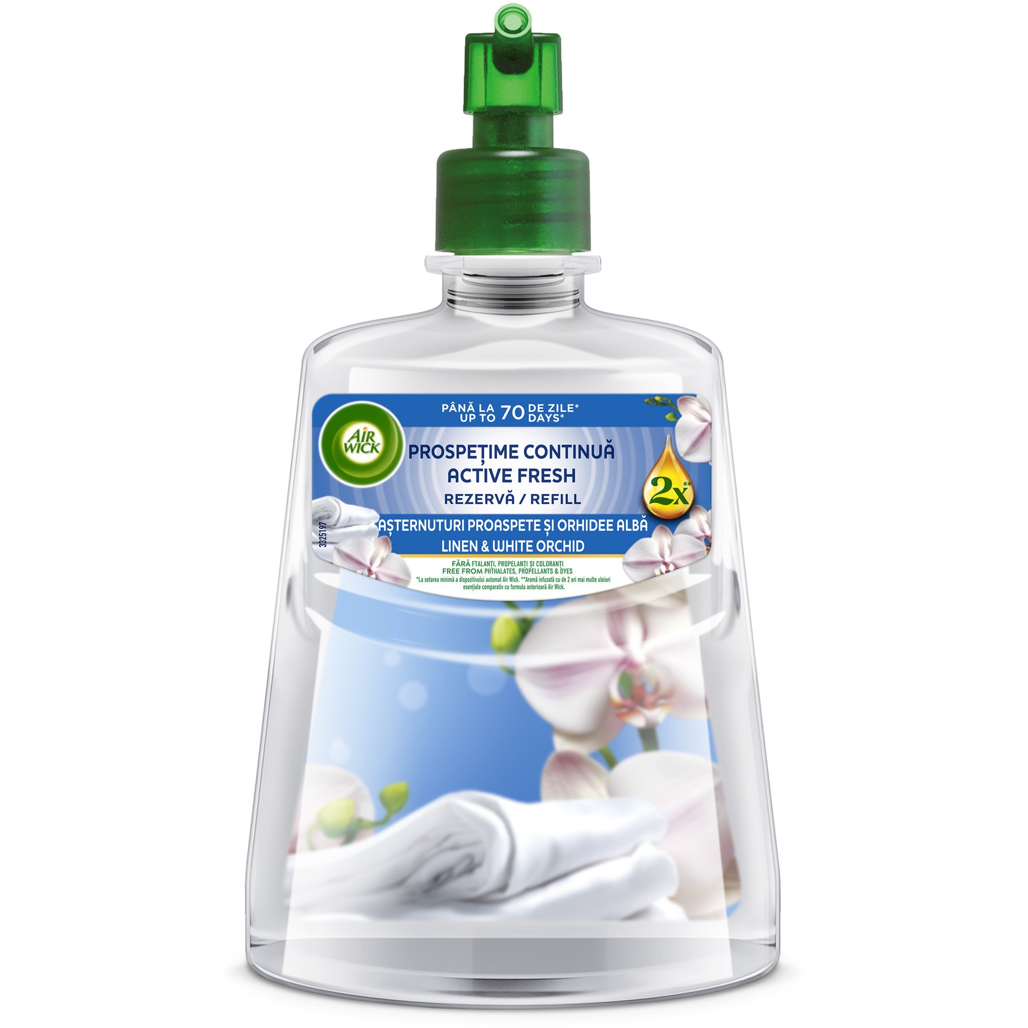 Rezerva odorizant de camera spray automat fara aerosoli Air Wick, Asternuturi proaspete si orhidee alba, 228ml