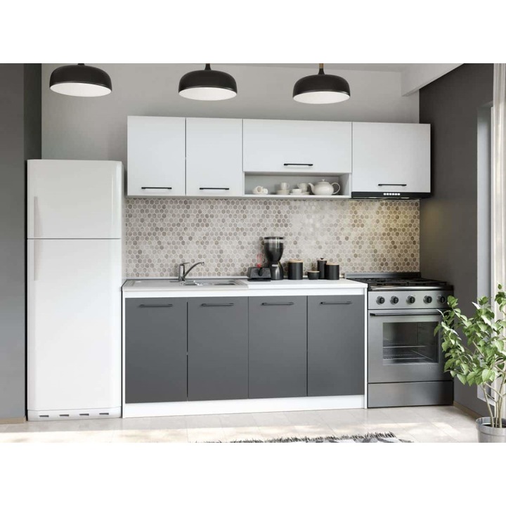 Set Mobila Bucatarie, Mina Dual, Gri Antracit/Alb, C103, L 222 x A 60 x H 200 cm