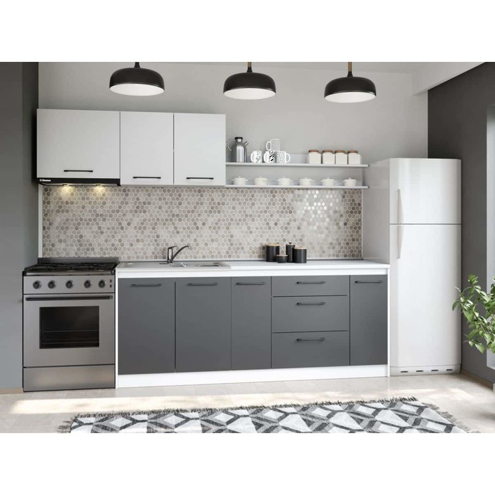 Set Mobila Bucatarie, Mina Dual, Gri Antracit/Alb, C108, L 262 x A 60 x H 200 cm