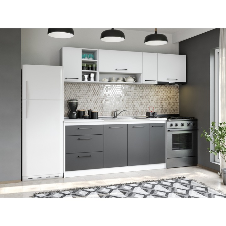 Set Mobila Bucatarie, Mina Dual, Gri Antracit/Alb, C109, L 232 x A 60 x H 200 cm