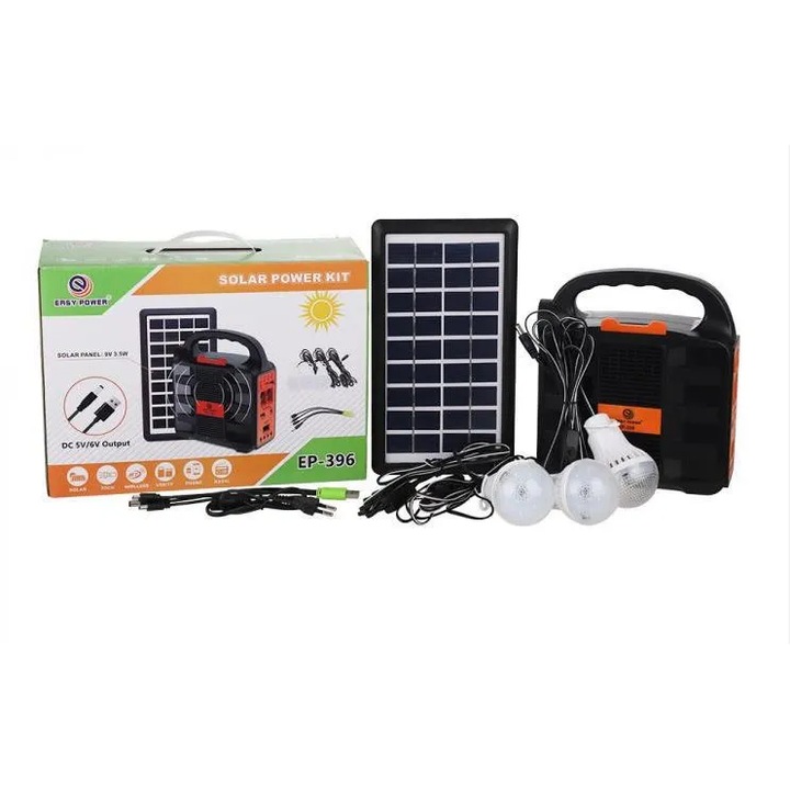Kit Solar EP-396, Model Nou, cu Incarcare Solara, Portabil, cu Lanterna, Functie Incarcare USB, Radio Incorporat, Autonomie Indelungata, Negru