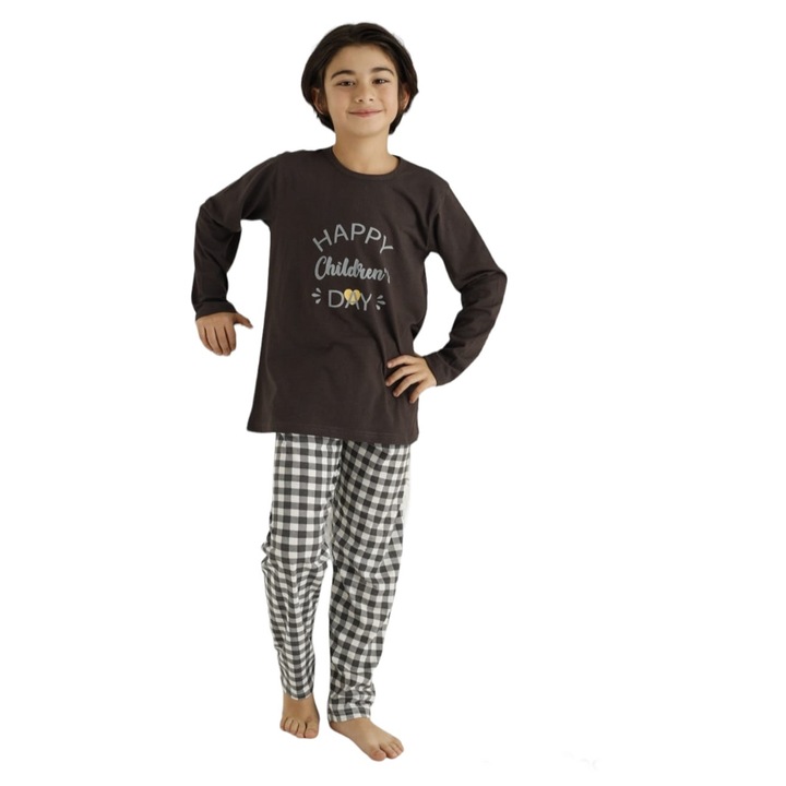 Pijamale baieti, maneca lunga, pantaloni lungi, imprimeu Happy, Maro