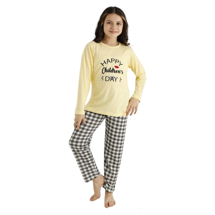 Pijamale fetite, maneca lunga, pantaloni lungi, imprimeu Happy, Galben