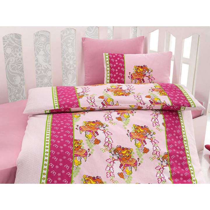 Lenjerie de pat pentru Patut Bebe, Cottobox, Peri, Roz, Bumbac 100%, 4 piese