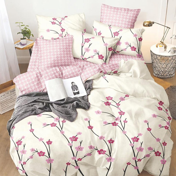 Lenjerie de pat pentru 2 persoane, Pucioasa, Doro, Bumbac Satinat, 4 piese