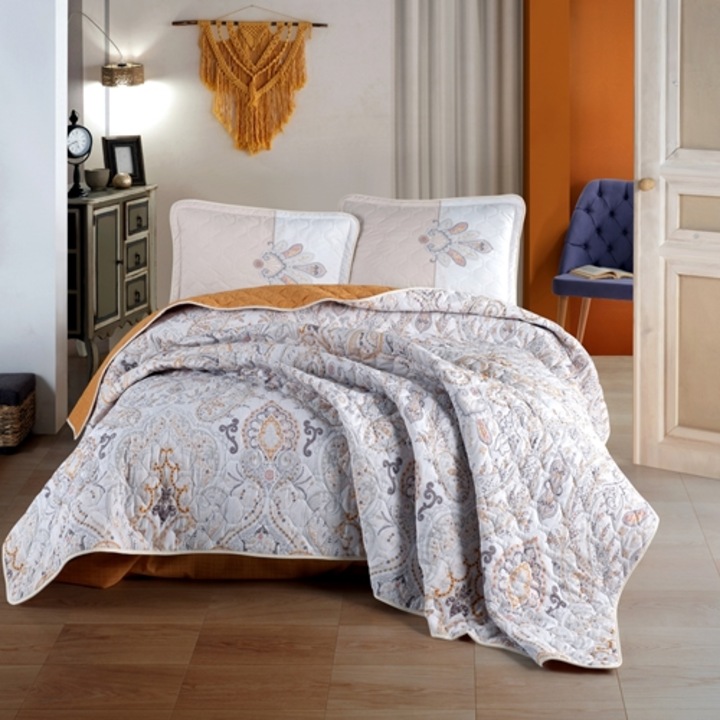 Cuvertura de pat dublu si 2 fete de perna, bumbac, 3 piese, matlasata, multicolor, Ralex Pucioasa, 240x260cm, LDP-CVR-10060