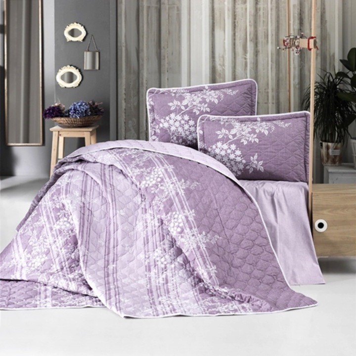 Cuvertura de pat dublu si 2 fete de perna, bumbac, 3 piese, matlasata, multicolor, Ralex Pucioasa, 240x260cm, LDP-CVR-10096