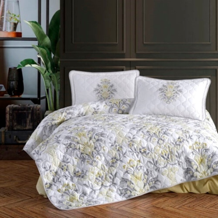 Cuvertura de pat dublu si 2 fete de perna, bumbac, 3 piese, matlasata, multicolor, Ralex Pucioasa, 240x260cm, LDP-CVR-100110