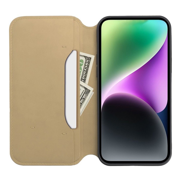 Кожен флип калъф за Samsung Galaxy S23 Ultra със слот за карта, елегантен дизайн, магнитно закопчаване, джоб за портфейл, златен