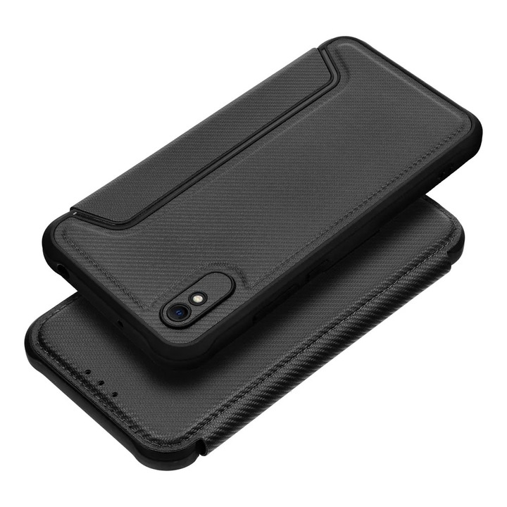 Удароустойчив флип калъф за Xiaomi Redmi 9AT / 9A, магнитно затваряне, карбонова вложка, тип книга, държач за карта, уникален дизайн, пълна защита, черен