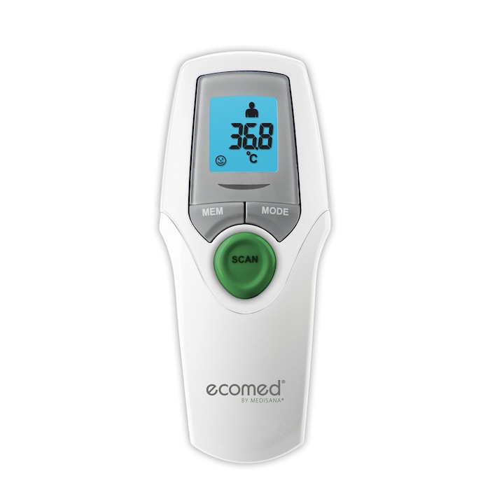 Безконтактен термометър Ecomed TM 65E, Инфрачервен, Измерване за 1 секунда, Бял