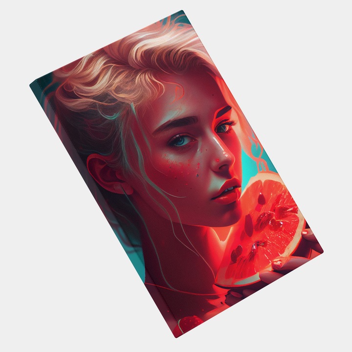Tablou Canvas Portret Femeie, Iubirea pentru Fructe, Rosu, Albastru, Arta si Pictura Digitala, Concept Generat cu Inteligenta Artificiala, AI, IA, 25x40 cm, Multicolor