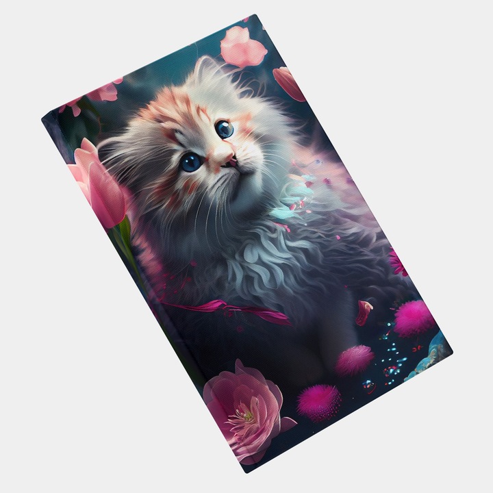 Tablou Canvas Puiul de Pisica din Flori, Photoshoot, Modern, Arta si Pictura Digitala, Concept Generat cu Inteligenta Artificiala, AI, IA, 25x40 cm, Multicolor