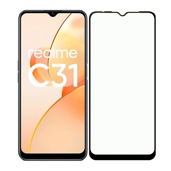 Folie de Sticla 9D Tempered Glass Full Glue Negru, Acoperire Completa pentru Realme C31