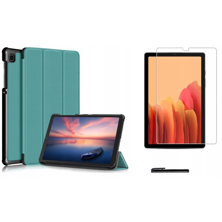 Set husa tableta/folie de protectie/stylus, Piele ecologica/Policarbonat, Compatibil cu Samsung Galaxy Tab A7 Lite, Verde inchis