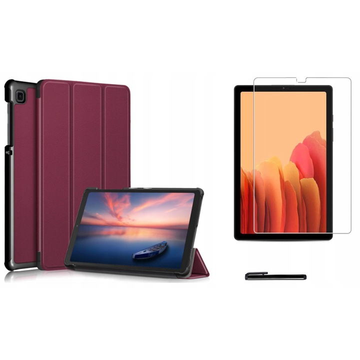 Set husa tableta/folie de protectie/stylus, Piele ecologica/Policarbonat, Compatibil cu Samsung Galaxy Tab A7 Lite, Visiniu