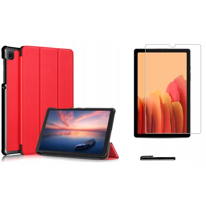 Set husa tableta/folie de protectie/stylus, Piele ecologica/Policarbonat, Compatibil cu Samsung Galaxy Tab A7 Lite, Rosu