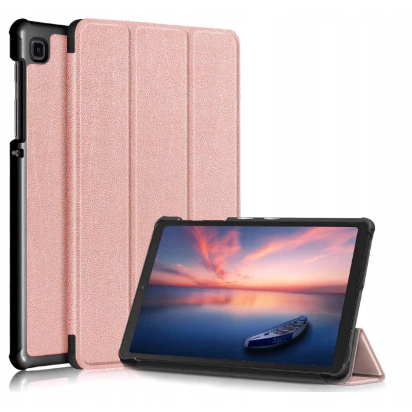 Set husa tableta/folie de protectie/stylus, Piele ecologica/Policarbonat, Compatibil cu Samsung Galaxy Tab A7 Lite, Auriu rose