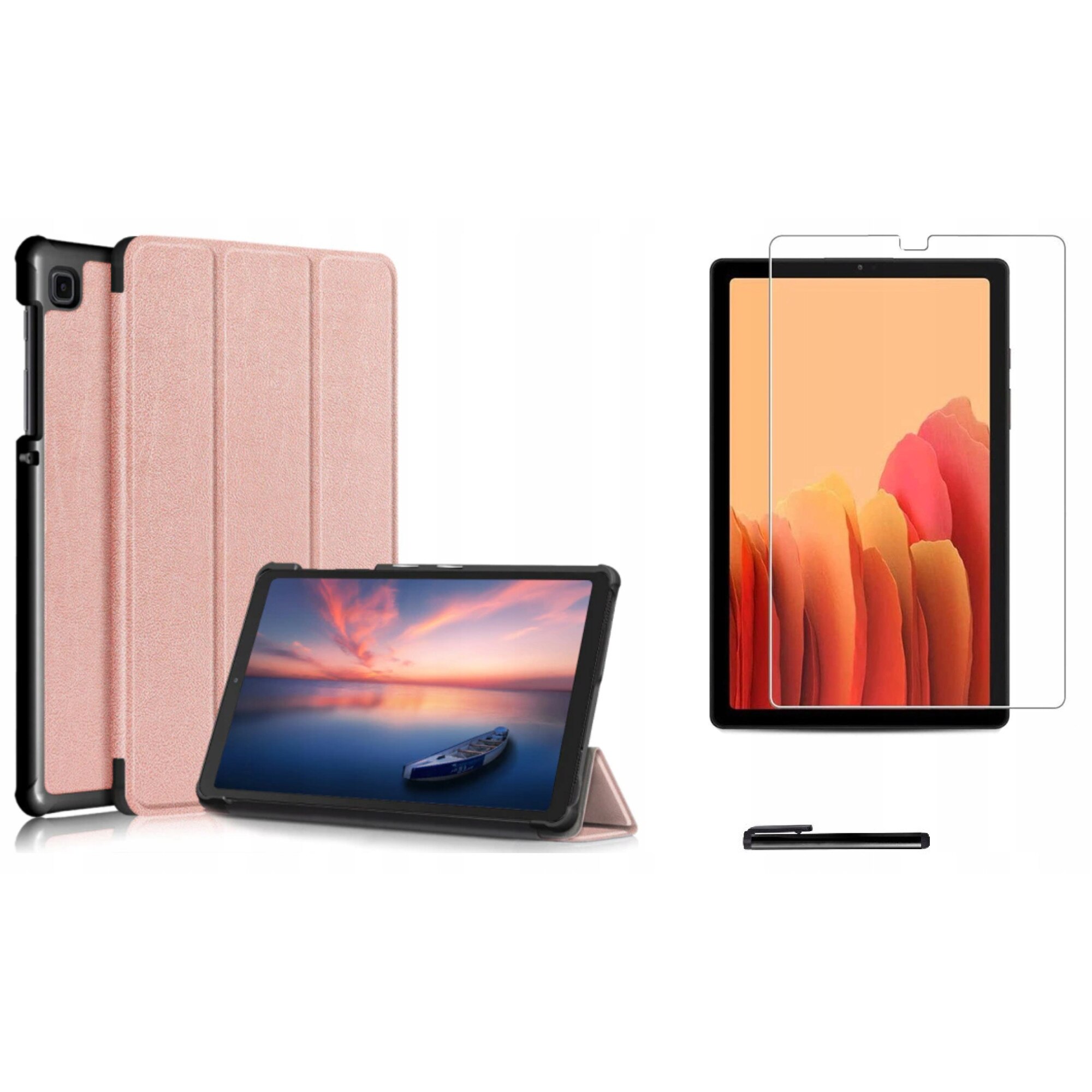 Set husa tableta/folie de protectie/stylus, Piele ecologica/Policarbonat, Compatibil cu Samsung Galaxy Tab A7 Lite, Auriu rose
