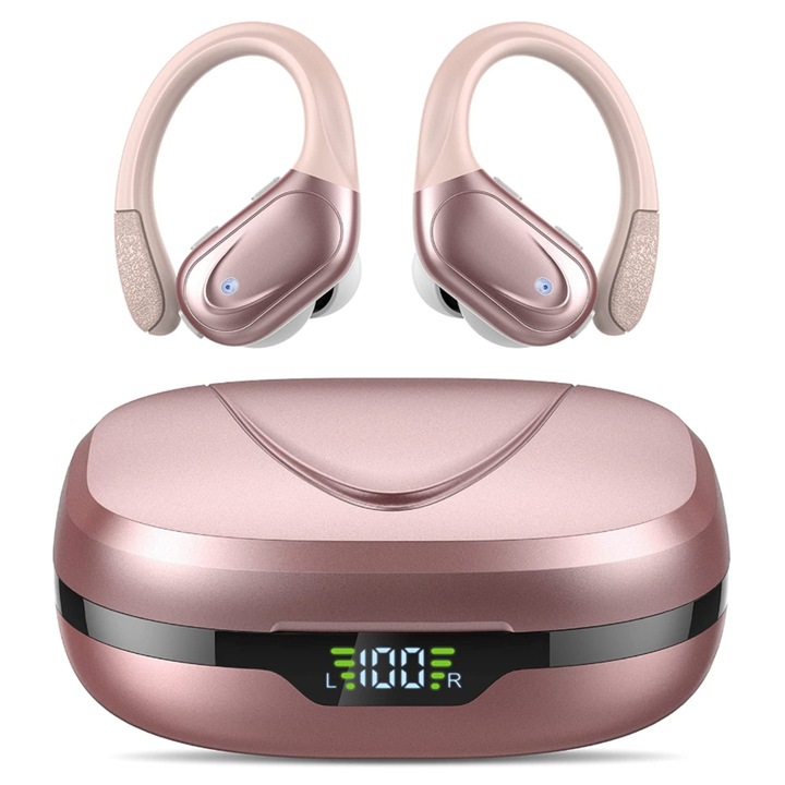 Безжични спортни слушалки ESL by Essential Level® Bluetooth 5.3, 60 часа HD стерео аудио възпроизвеждане, LED дисплей на батерията, вграден микрофон, кутия за зареждане 650 mah, IPX7, розово злато