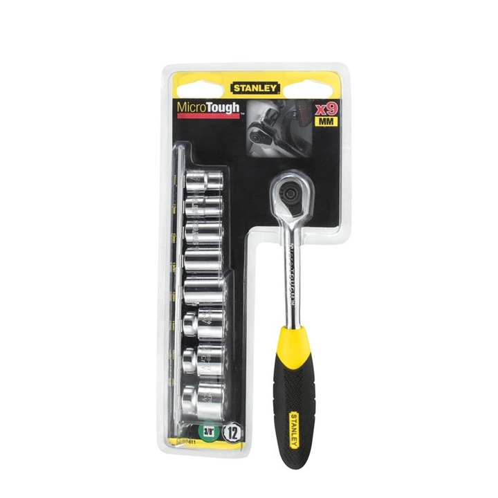 Set cheie cu clicheti, Stanley, 3/8", Negru/Galben