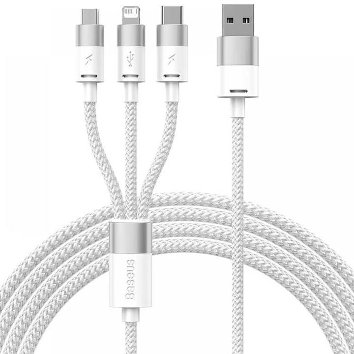 Кабел за данни и зареждане, Baseus, 3 в 1, USB - USB-C + Micro + Lightning, 3.5 A, 1.2 m, Бял