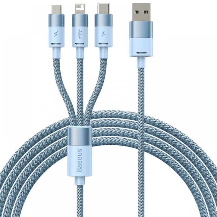 Cablu de date Baseus StarSpeed 3-in-1, Fast Charging, USB-C, Lightning, Micro USB, 3.5A, 1.2 metri, Albastru Deschis