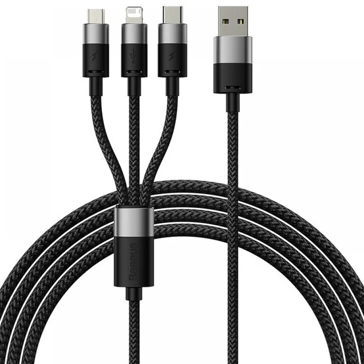 Cablu de date Baseus StarSpeed 3-in-1, Fast Charging, USB-C, Lightning, Micro USB, 3.5A, 1.2 metri, Negru