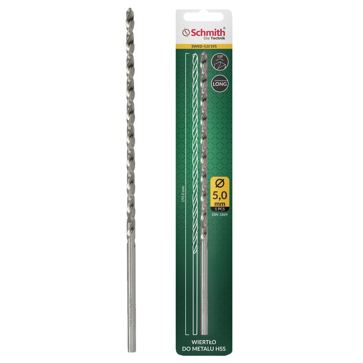 Burghiu pentru metal, Schmith, 5.0 x 195 mm, Argintiu