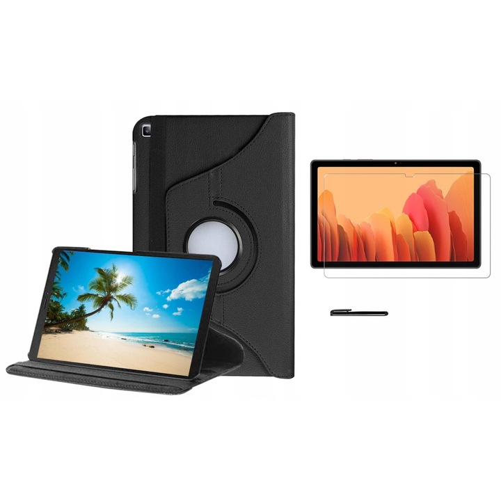 Tablet borító/védőfólia/toll készlet, Eco-bőr/üveg, Samsung Galaxy Tab A7 készülékkel kompatibilis, fekete
